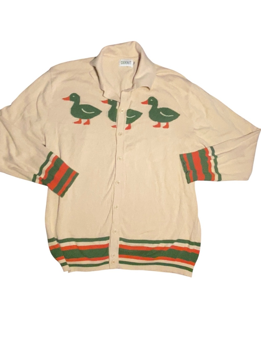 OXKNIT 2XL Duck Cardigan Sweater Cream Green Retro 60s 70s Novelty Knit